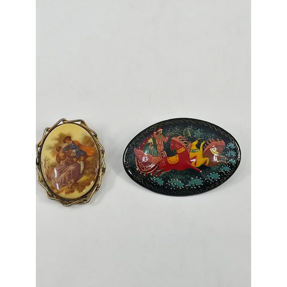 Vintage Fragonard Limoges Style & Russian Mstera Troika Lacquer Brooch Pin Lot 2